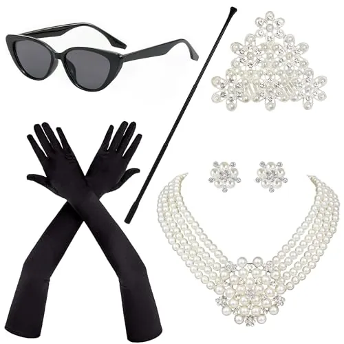 Horolam 6PCS Accesorios Años 20, Holly Golightly Disfraz Años 20 Accesorios Collar Pendientes Guantes Gafas de Sol para Mujer