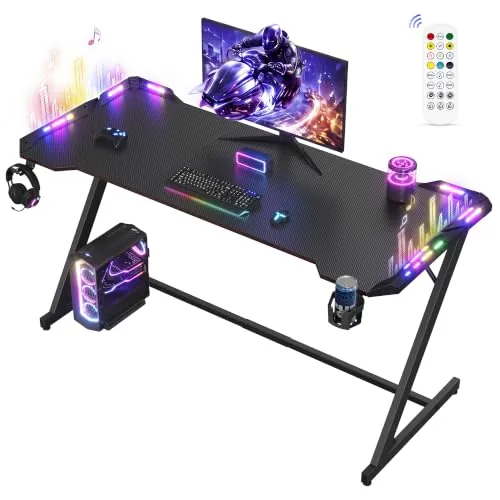 VASAGLE Escritorio Ordenador con Luces LED, 140 x 60 x 76 cm