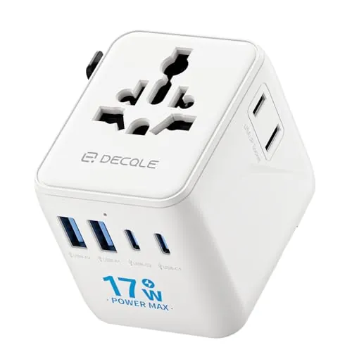 decqle Adaptador Enchufe Universal, Adaptador de Viaje con 2 USB-C, 2 USB-A y 2 AC, Adaptador Universal para EU, Reino Unido, Americano, Canadá, Australia& 224+País(Blanco)