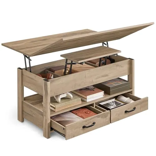 VASAGLE Mesa de Centro, Regulable en Altura, con Pistón de Gas, 2 Cajones y 3 Compartimentos Bajo el Tablero, Mesa de Café con 1 Compartimento Abierto, para Salón o Estudio, Marrón Camello LCT254L01