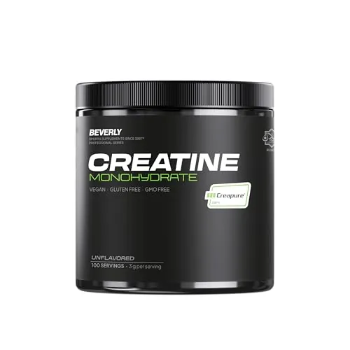Beverly Creatina Monohidrato Creapure® 300g (100 dosis) | Micronizada, Alta Pureza Alemana, Sin Aditivos, Vegana | Aumenta Rendimiento y Fuerza en Entrenamientos Intensos (Sin Sabor)