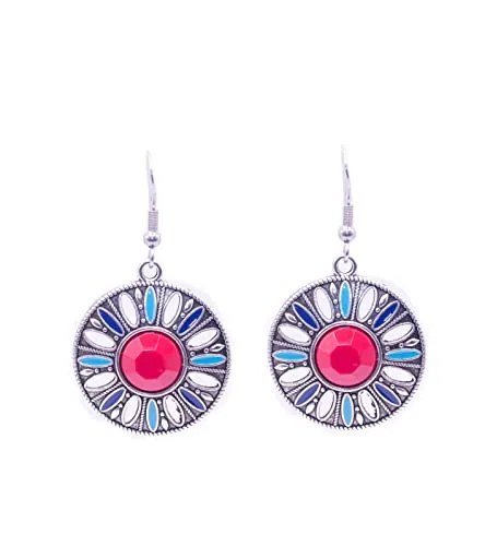 ZARZAMORA Pendientes Bohemio Vintage de PlataTibetana Estilo Antiguo Acero Inoxidable-Aretes Colgantes Redondos Esmaltados Colorido -Pendientes Resina- Regalo Original (Plateado)