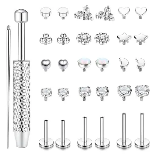 MLPKOI 32 Pcs 16G Piercing Tragus Acero Quirúrgico Piercing Trago Labret Nariz Rosca Interna Piercing Labio con Zircón para Mujer Hombre