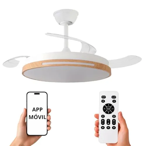 NARVI Ventilador de Techo Blanco y Madera Haya Ø107 cm con Luz LED Regulable, Motor DC Silencioso de Bajo Consumo, Lámpara Ventilador con Mando, 3 Aspas Retráctiles, AUSTRALIA 8936 WDN