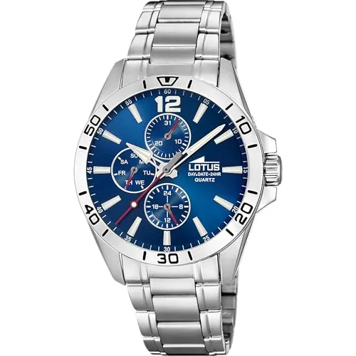 LOTUS Reloj Hombre Analógico de Acero Inoxidable 316l Plateado - Movimiento de Cuarzo - Cristal Mineral de Alta Resistencia - Resistente al Agua 5 ATM - Multifunción 18812/1