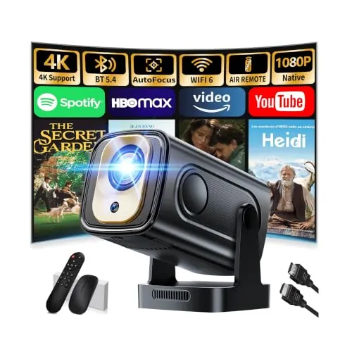 [App Integrada & 2026 Nuevo] Mini Proyector 4K 1080P FHD Proyector Portátil Vídeo con WiFi 6 y BT 5.4 Proyector Vídeo Función Enfoque Automático y Corrección Trapezoidal USB/HDMI/PC, Negro