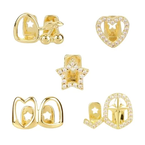Mikovivi 5 Piezas de Parrillas Dentales, Hip-Hop Punk Diamante Dental Grillz Cruz Corazón Estrella Dientes Dorados Grillz Joyería con Dije Regalo para Mujer Hombre