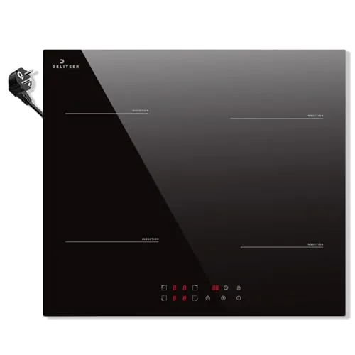 DELITEER Placa Induccion 4 Fuegos con 16A Enchufe, 3500W, 59CM | Placa de Inducción Autosuficiente, Empotrable, Cierre de Seguridad, Bloqueo de Seguridad Para Niños, Temporizador