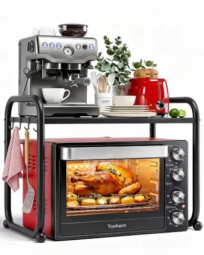 Yooheim Soporte Microondas, 2 Niveles, Ancho & Altura Ajustable, Negro | Estante de Cocina, Ancho Ajustable de 40,5-64 cm, para Encimera, Independiente, de Acero al Carbono, Equipado con 4 Ganchos