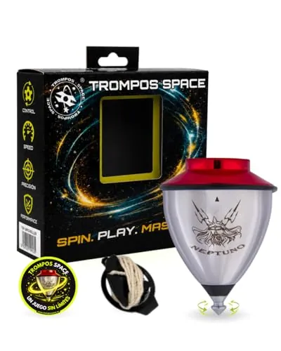 TROMPOS SPACE - Trompo Profesional Neptuno Roller de Acero Inoxidable, Peonza con Punta Roller de Doble Rodamiento, Regulador de Vibraciones, Diseño para Trucos Avanzados, Incluye Cuerda, Color Rojo