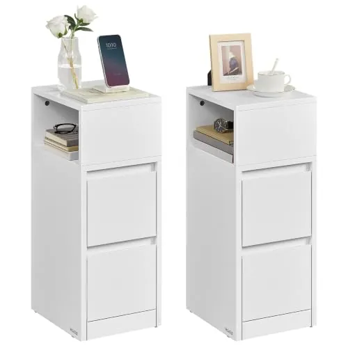 VASAGLE Kailyn Colección - Juego de 2, Mesita de Noche Estrecha, Mesa Auxiliar con 2 Cajones, Encajable a la Izquierda o a la Derecha, Dormitorio, Salón, Blanco Nube LET856W01V1