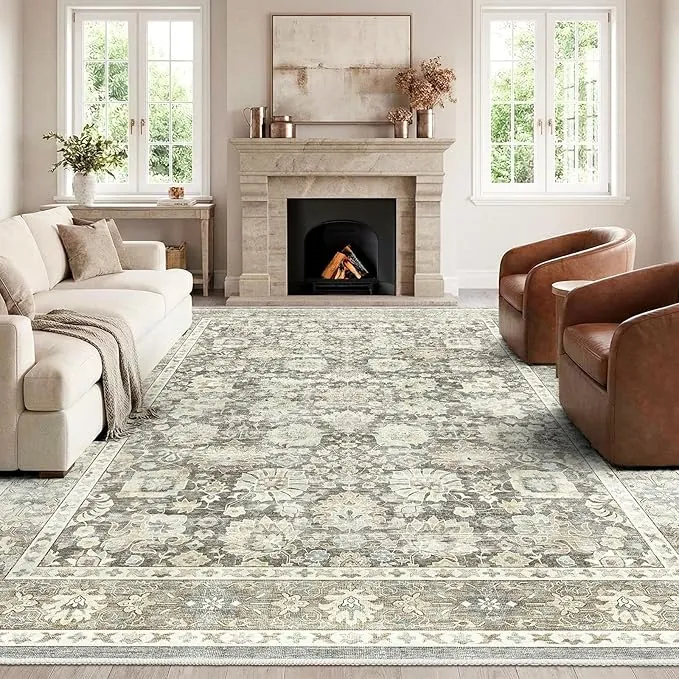 HOMFINE Gris Alfombra Salon Vintage 240x340 cm Grande Alfombras Lavable en Lavadora Pelo Corto Antideslizante Rug Tapete Sala para Habitacion Comedor Dormitorio Cocina Exterior