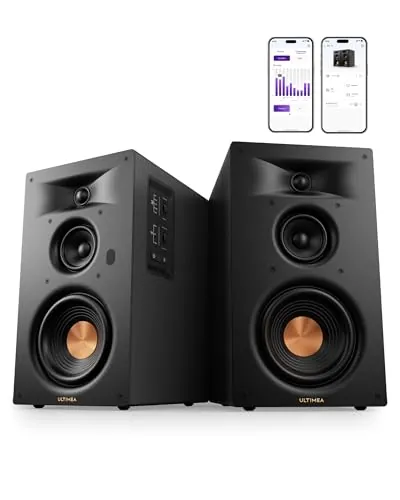 ULTIMEA Altavoces Activos de Estantería de 3 Vías, Woofer de 5,25", 70 W RMS, Control por App, Edge Horn y BassMX, Salida Sub y HDMI ARC, Altavoz Tunetable, Bluetooth/AUX/Óptico, BS-3