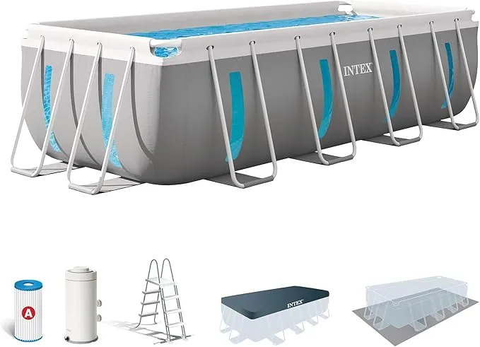 Intex Piscina Desmontable Rectangular Prism Frame, 400x200x122 cm, Material Triple Capa, Capacidad 8.418 L, Ventana panorámica, Tapiz, Cobertor, Depuradora de Cartucho, Escalera (56029)