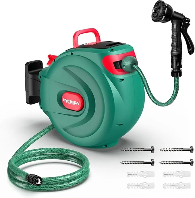 HYCHIKA Enrollador Manguera Jardin 30M - Carrete Retráctil Manguera para Pared, Bloqueo Automático, Pistola 8 Funciones, Caja Giratoria 180°, Almacenaje Seguro Riego Exterior