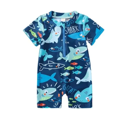 HAGOT Bañador Bebe, Traje de Baño para Bebé, Bañador con Cremallera, Pieza Manga Corta Bañadores, Azul, 6-12 Meses