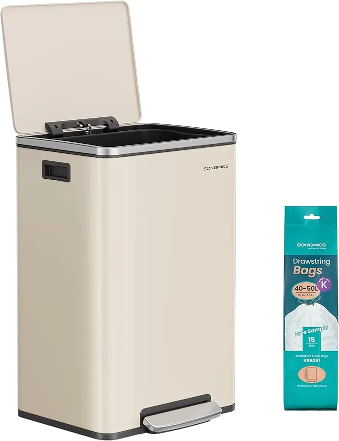 SONGMICS Cubo de Basura 50 L, con 15 Bolsas de Basura, Acero, Bolsa de Plástico Extraíble, con Tapa, Asas, Cierre Suave, Crema LTB595A02