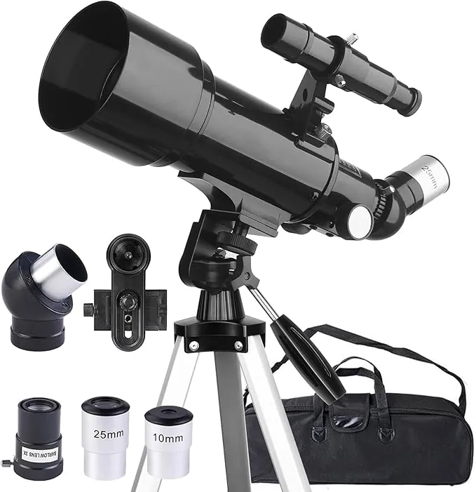 Telescopio 70mm Apertura 400mm Telescopios para Adultos Principiantes Astronomía con Lentes, Visor, Trípode, Bolso, Soporte Móvil, Portátil Refractor Telescopio para Niños & Adultos (Negro)