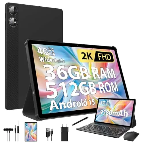 DOFACESH 2K Tablet 11 Pulgadas con Android 15, 36GB RAM+512GB ROM (2TB TF), 4G LTE+5Ghz WiFi, 2000 * 1200, Octa-Core, 13MP+8MP, 9580mAh/WidevineL1/GPS/Bluet 5-Tablet con Teclado ect (Negro)