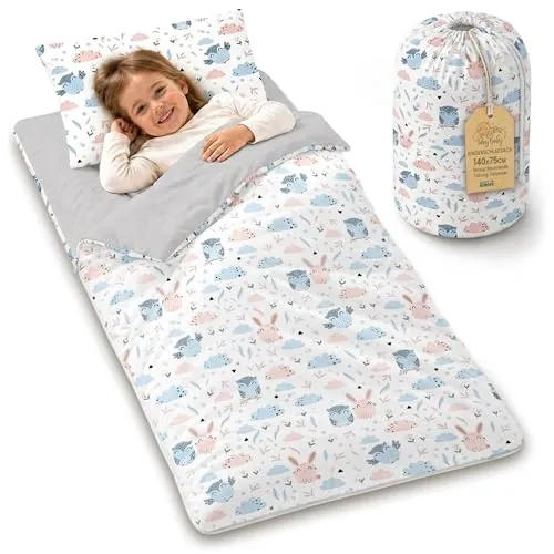 Saco Dormir Infantil 140x75 cm con Almohada para Guardería Niños | Saco de dormir niños con cremallera para guardería camping verano casa de los abuelos interior algodón Búhos