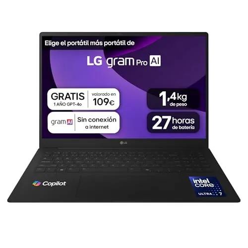 LG gram Pro 16Z90TR-E.AD88B Portátil 16", Windows 11, Intel Core Ultra7 255H, 32GB RAM, 1TB SSD, NVIDIA RTX5050, Pantalla IPS, (2560x1600), 1.360 g, 27 Horas, Negro