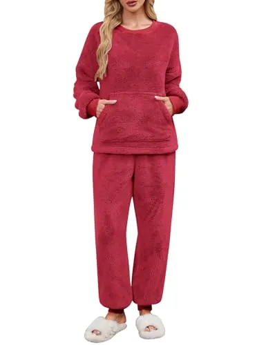 UMIPUBO Pijama Mujer Invierno de Forro Polar Conjunto Super Suave Cálida Largos Pijamas Dos Piezas Dormir Ropa Manga Larga Casa Calentito Pullover y Fleece Pantalones con Bolsillo (Rojo Vino, XL)