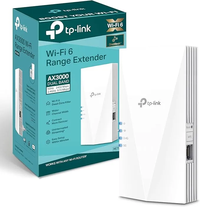 TP-Link RE700X WiFi 6 WiFi Amplifier Repetidor AX3000 (Doble Banda 2402Mbps 5GHz + 574Mbps 2.4GHz), MU-MIMO, Puerto gigabit, Gran Cobertura, EasyMesh, Compatible con Todos los routers Wi-Fi