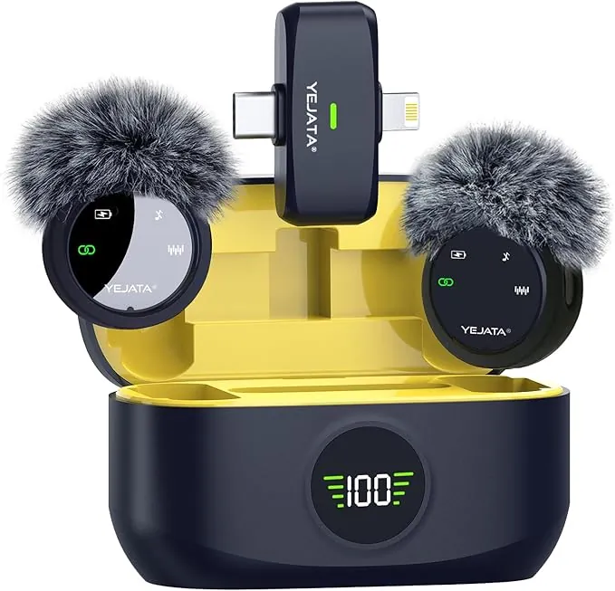 Micrófono inalámbrico 2 en 1 para iPhone y Android, Mini micrófono con reducción de Ruido, Estuche de Carga de 40 Horas, Solapa magnética y Abrazadera para entrevistas, Alcance de 25 Metros.