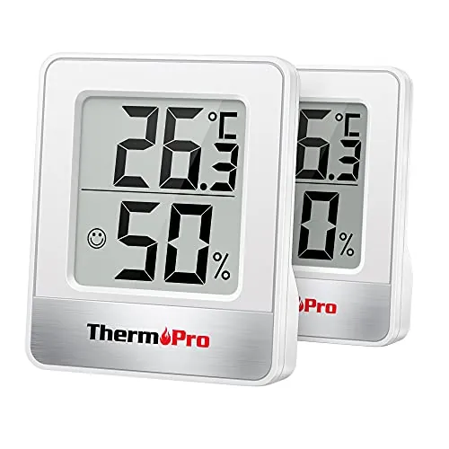 ThermoPro TP49-2 pequeño higrómetro digital termómetro interior termómetro ambiente monitor de temperatura y medidor de humedad para la comodidad de la oficina en casa termómetro reptil 2 piezas