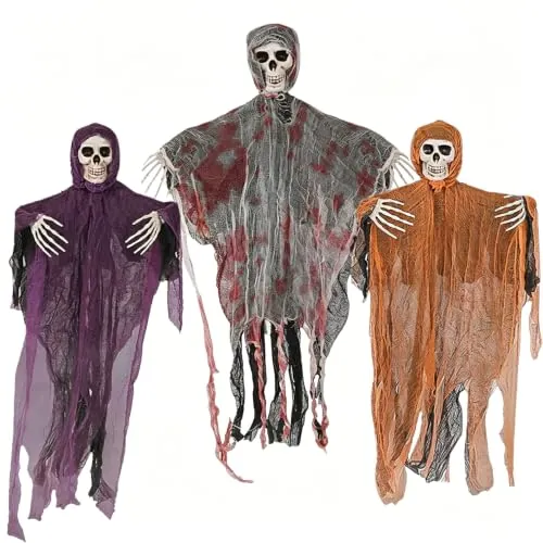 3PCS Fantasma de Esqueleto de Halloween, Esqueleto Fantasma 80 cm con 8 Modos de Luces Decoración Colgante de Halloween para Casa Embrujada, Interiores y Exteriores