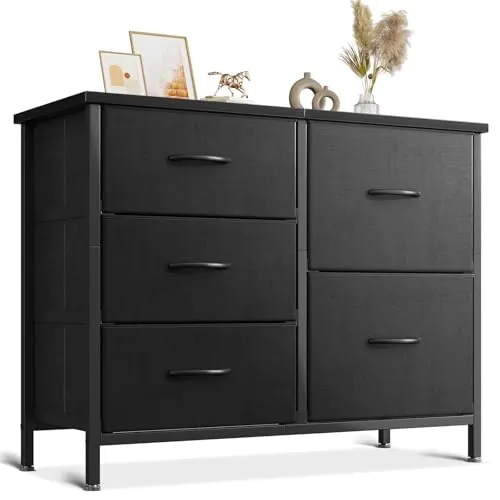 Coleshome Negro Comoda Dormitorio, Comoda Cajones, con 5 Cajones de Tela