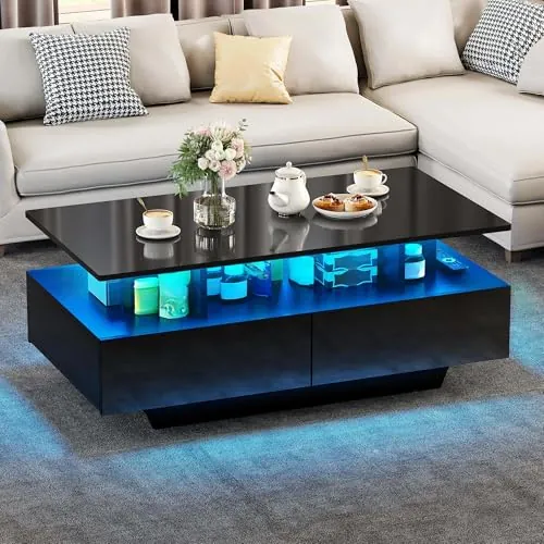 YITAHOME Mesa de Centro con 16 Colores LED para Sala, Mesa Cafe Madera con Estante Abierto y 4 cajones, Mesa de Centro Negra Moderna