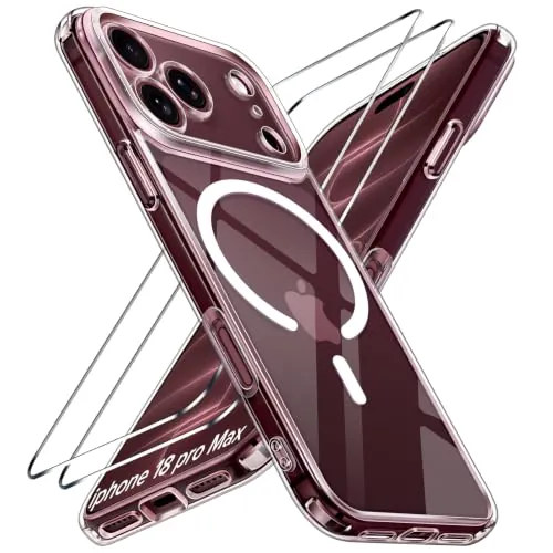ivoler Clara Funda Magnética para iPhone 18 Pro MAX con 2 Piezas Cristal Templado, Compatible con MagSafe, [Anti-Amarillo] Carcasa Bumper Teléfono Antigolpes Transparente Anti-Choques Case