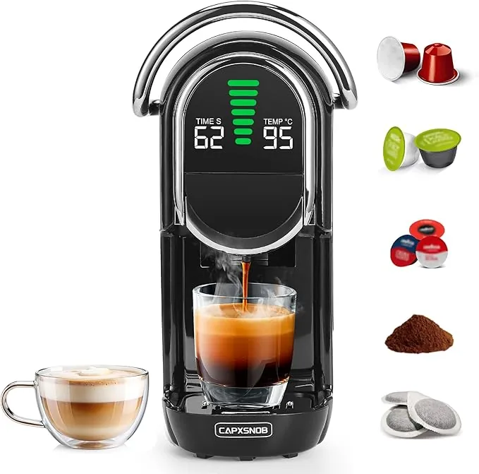 Magician1 Mini 5en1 Cafetera Cápsulas para Nespresso Original, Dolce Gusto, Lavazza A Modo Mio, ESE 44 y Café Molido, 20 Bares, 1450W, Pantalla LED, Máquina de Café Expreso Caliente o Frío