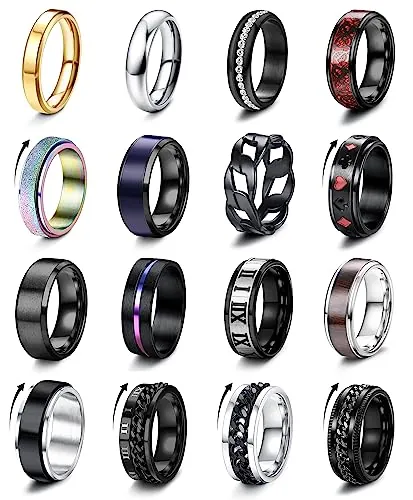 FIOROYAL 16 Piezas Anillo Vintage Celta de Acero Inoxidable, Anillos de Ansiedad, Cadena Giratorio para Alianzas Boda y Compromiso Hombre Negro