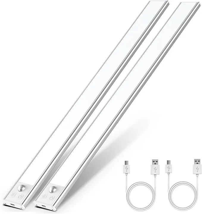 OUILA Luz de Armario con Sensor Movimiento 6500K Recargable Luz Nocturna, 41CM Regulable Lampara LED Adhesiva para Gabinete, Pasillo, Escalera, Sótano, Cocina, Garaje - 2PCS