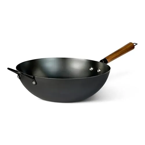 Amazon Basics Wok de Acero al Carbono Presazonado con Asa de Madera de Acacia, Compatible con Todo Tipo de Fuegos, 32,0cm