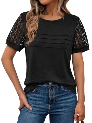Suncife Blusa de encaje para mujer, manga corta, elegante, para verano, casual de negocios, camiseta, Negro, XL