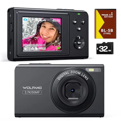 WOLFANG Cámara digital, cámara infantil de 2,7 K para fotografía, cámara compacta de vlogging de 50 MP, cámara de vídeo digital con zoom de 16 X, cámara digital de enfoque automático y disparo, regalo