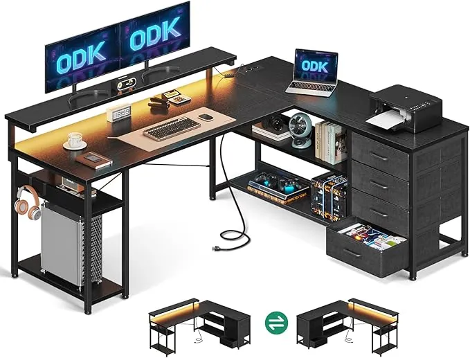 ODK Escritorio con Cajones, 155×110cm Escritorio Esquinero Reversible con 2 Enchufes y 2 Puertos USB, Mesa de Oficina en Forma de L con LED para Oficina en Casa, Negro