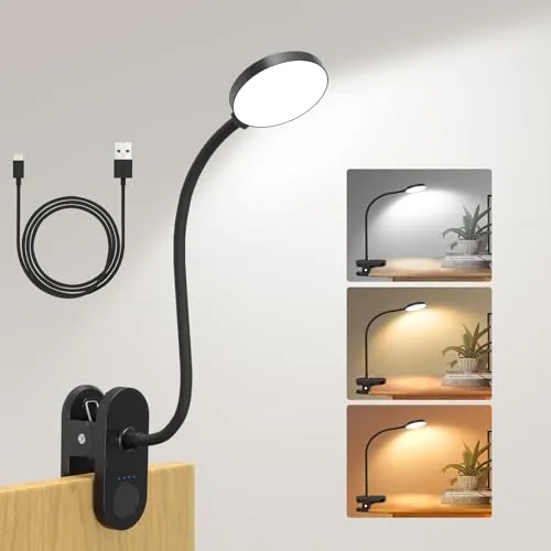 Lámpara de Lectura con Pinza, 61 LED Luz Recargable para Cama Escritorio