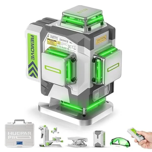 Huepar Pro Nivel Láser Cruzado de Línea 4 * 360° Autonivelante con Láser Verde, Nivelación de Alta Precisión en 4D con Batería de Iones de Litio de 8000mAh, Control Remoto y Estuche Rígido ZK04CG