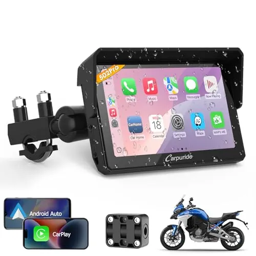 Carpuride W502PRO Pantalla GPS Moto 5" CarPlay Android Auto Bluetooth Dual | Navegación inteligente, intercomunicador, compartir música, EQ, sensor de luz y diseño impermeable para motocicletas