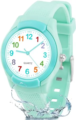 Juboos Reloj Analógico Niños Niñas Aprender La Hora 30ATM Reloj Fácil De Leer 4-12 Años Gran Regalo De Cumpleaños (Verde)
