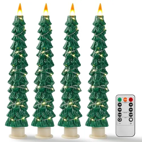 4 Velas LED con Forma de Árbol de Navidad Verde, Velas Sin Llama con Cadena de Cobre, Efecto de Llama Realista Actualizado, Funcionan con Pilas y Mando a Distancia para Decoración Navideña y Hogar
