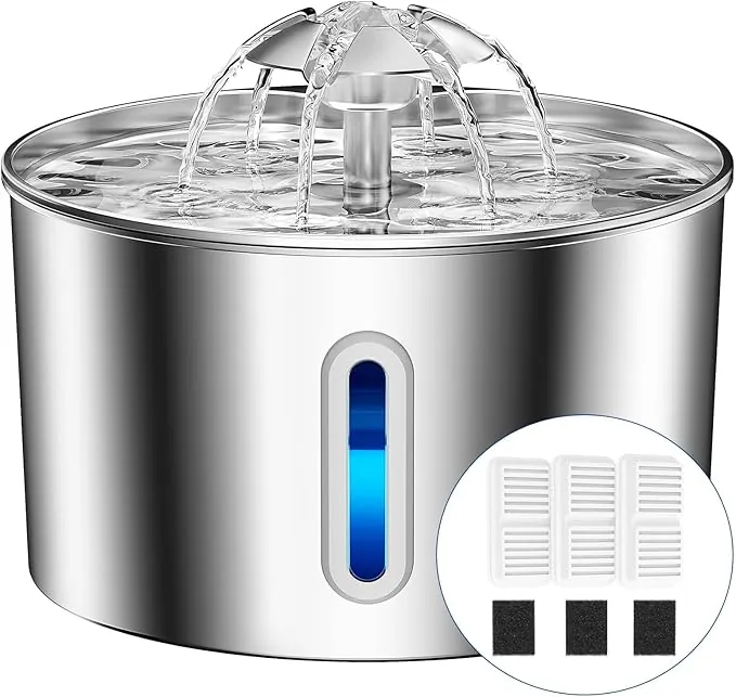 Fuente para Gatos Acero Inoxidable, 2,2L Bebedero Gatos con Cable Filtración Cuádruple, Ultra Silencioso, Fácil de Limpiar, con LED 3 Filtros y 3 Esponjas