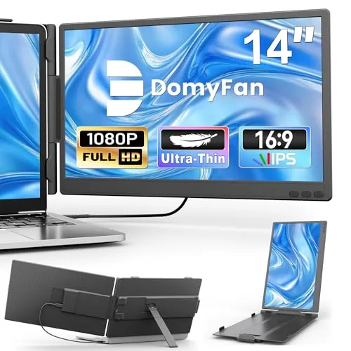 domyfan Monitor Portátil de 14" Dual Ultradelgado – Extensor de Pantalla Portátil FHD 1080P IPS para Portátiles de 13-17", Plug & Play con HDMI/USB-A/Type-C, Compatible con Windows, Mac, Android