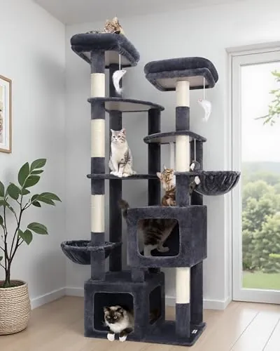 Globlazer Arbol Rascador XXL para Gatos Grandes 189 cm con 2 Inmenso Nidos 45*40*35cm, 3 Plataforma 45*40CM, 2 Percha, 2 Cesta, Enorme Arbol para Gatos Grandes Maine Coon Adultos (S74E, Gris Oscuro)