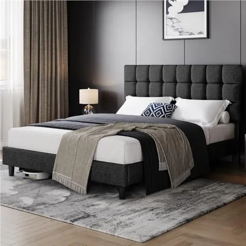 Yaheetech Marco de Cama Tapizada Cabecero Regulable 160 x 200cm Color Gris Oscuro