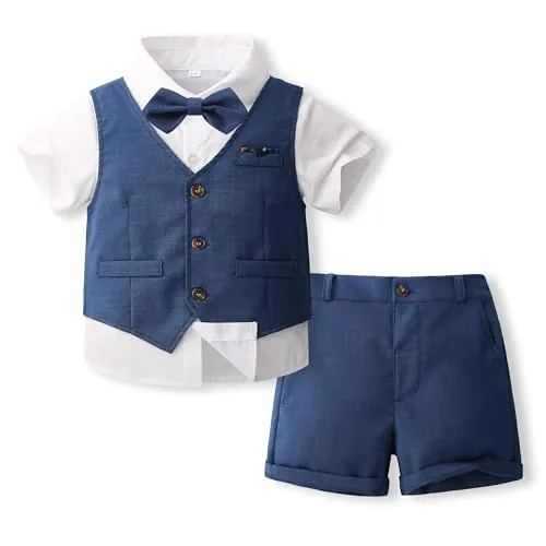 Volunboy Trajes para Bebé Niños de Boda Ceremonia, Verano Conjunto de Chaleco, Camisa, Pajarita, Shorts 4 Piezas(3-4 años,Azul marino,Etiqueta tamaño 110